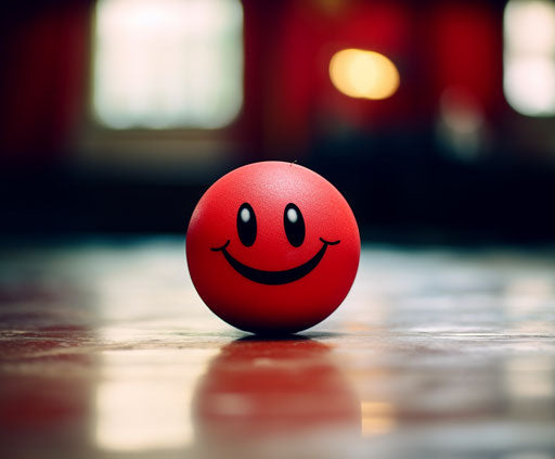 Red smiley ball on table with blurred background, folk/naïve style
