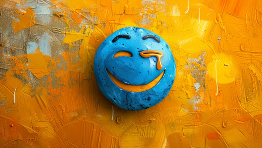 Smiling emoticon face in blue with a tear streak, lively poses