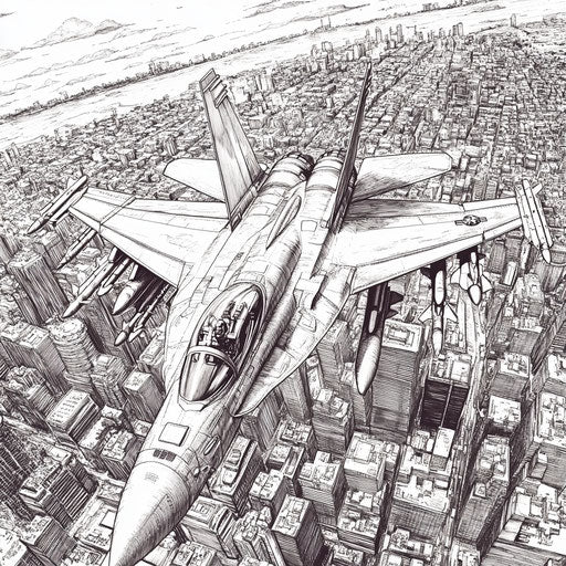 Fighter jet over a city at sunset