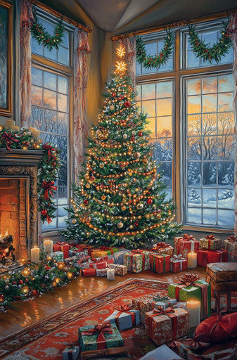Warm Christmas atmosphere with decorated tree and gifts by the fireplace