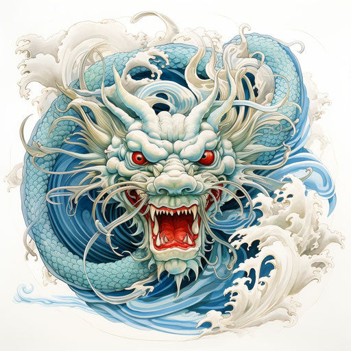 Japanese dragon carrying blue and sage green dragon