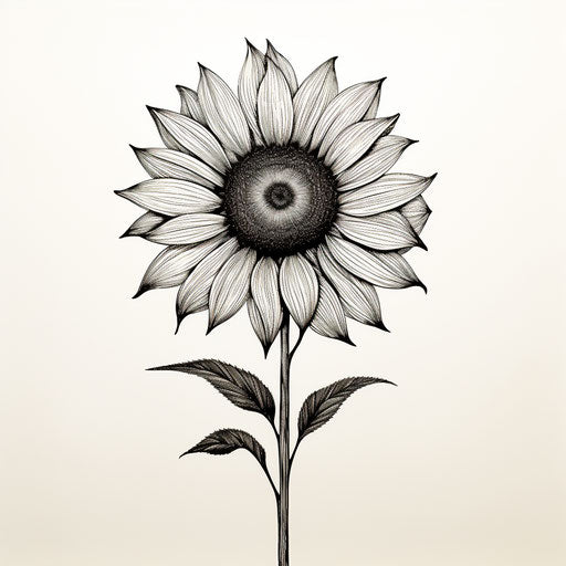 Sunflower drawing in ink, simplified line work, loose paint application