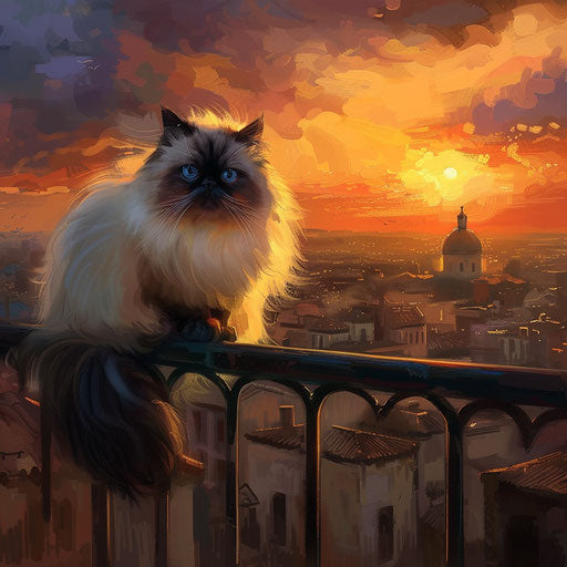 Himalayan cat on a balcony overlooking a cityscape at sunset