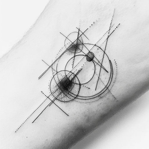 Abstract minimalist tattoo design combining circles and lines on a stark white background