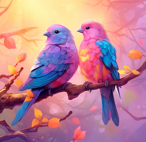 Colorful birds on branch, pink background, rainbow theme