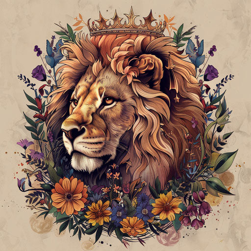 Flat tattoo sketch of lion with crown and floral designs