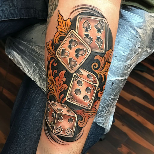 Dice tattoo with tribal elements, Ami James style