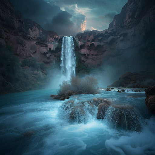 Havasu Falls with moody atmosphere and powerful flow