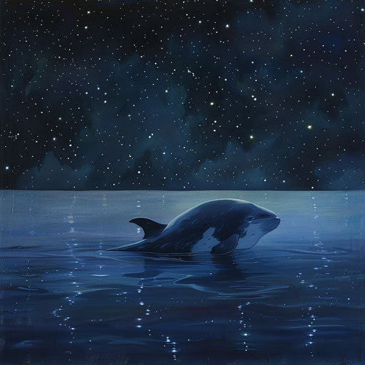 A peaceful moment with a vaquita porpoise resting at the water's surface, reflecting the stars of the night sky.