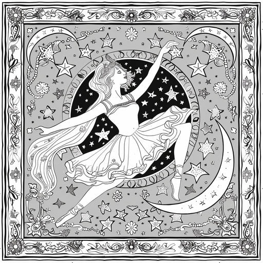 Whimsical dancer under stars and moon