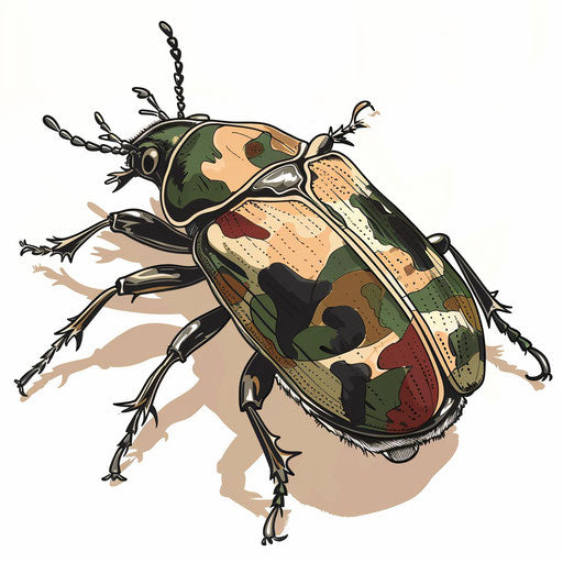 Tattoo sketch of a beetle in a camouflage pattern with earth tones in a military-inspired clipart style