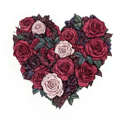 Heart-shaped red roses and hearts composition, clipart style