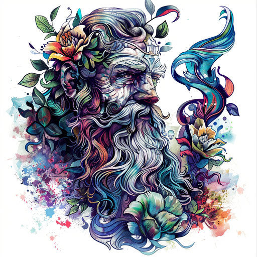 Illustration of an intricate Greek mythology tattoo design featuring Zeus, detailed and vibrant, on a pure white background