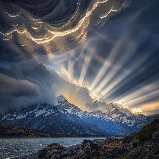 Mount Cook, New Zealand with stormy clouds and light beams