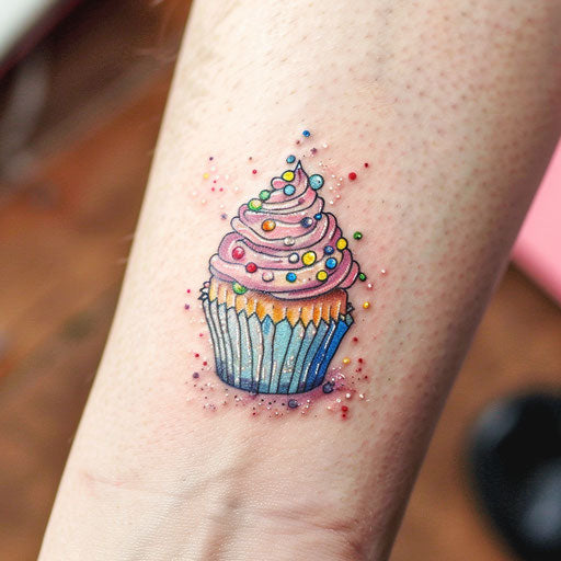 Adorable sketch of sparkling tattoo of a cupcake with shining sprinkles in pastel tones