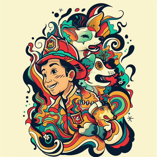 Whimsical flat tattoo sketch of a firefighter and a dog