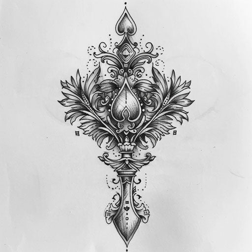 Draw a vintage-inspired spade tattoo, with retro clipart motifs and ornate details reminiscent of old-school illustrations