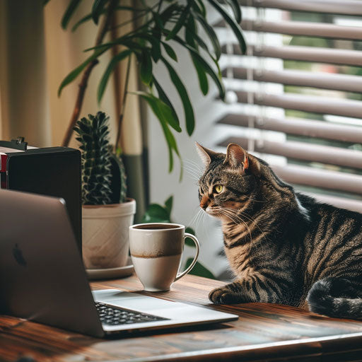 Cozy home office with coffee and cat
