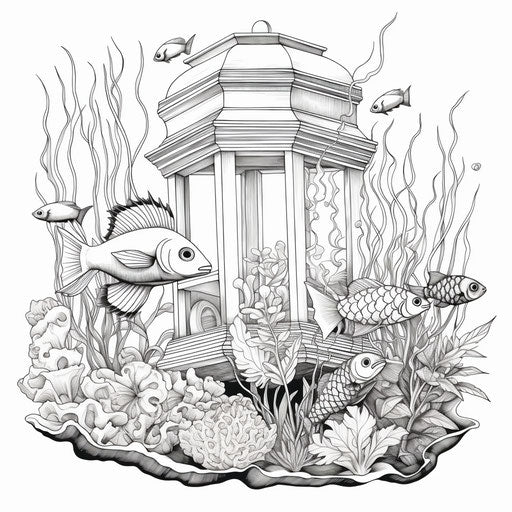 Isolated white aquarium with fish underwater coloring