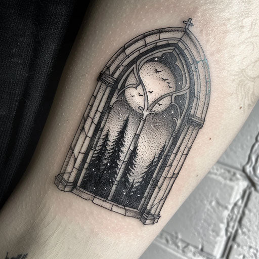 Gothic window arch tattoo framing a moonlit night sky in blackwork style on white background