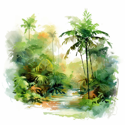 Rainforest clipart in the style of Impressionistic Art, on a white background