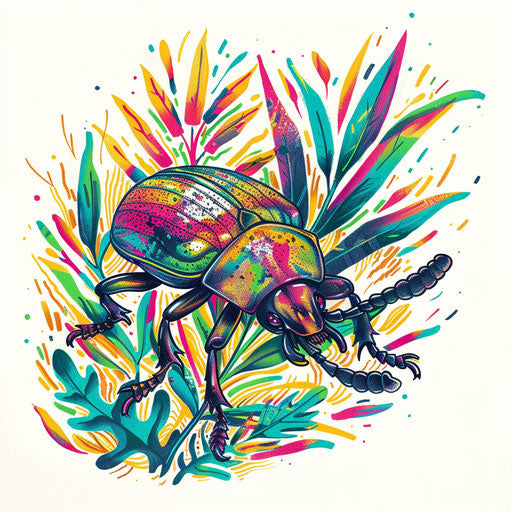 Nature-inspired tattoo sketch of a beetle crawling over leafy greens in a vibrant clipart style