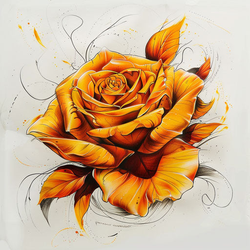 Dynamic tattoo sketch of an amber rose in motion