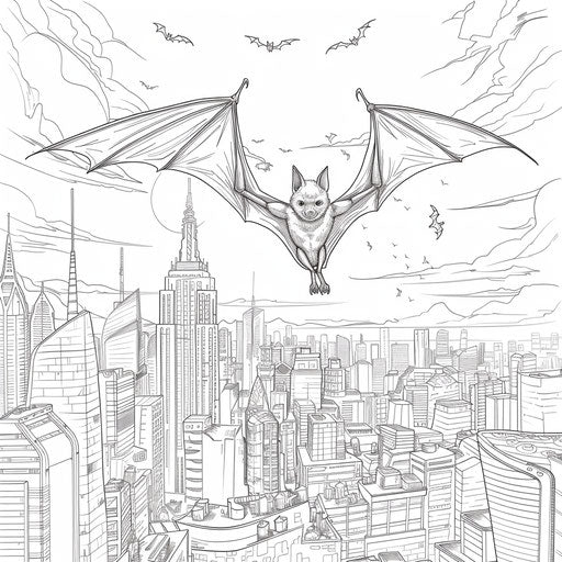 Bat flying over a city at dusk