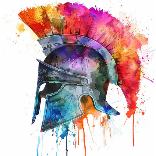 Vibrant Spartan helmet with abstract splashes in watercolor
