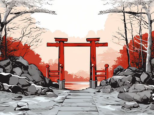 Koraku gate in simplistic vector art, festive atmosphere