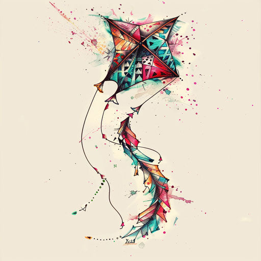 A festive kite flies high in a windy sky, in colorful patterns, clipart style