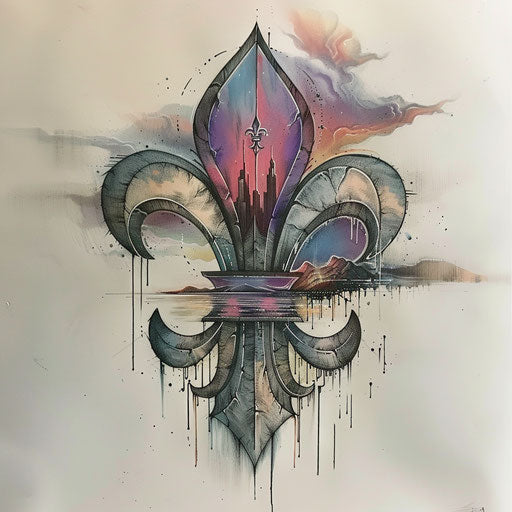 Surreal tattoo sketch of a fleur de lis morphing into a dreamlike landscape with muted pastels
