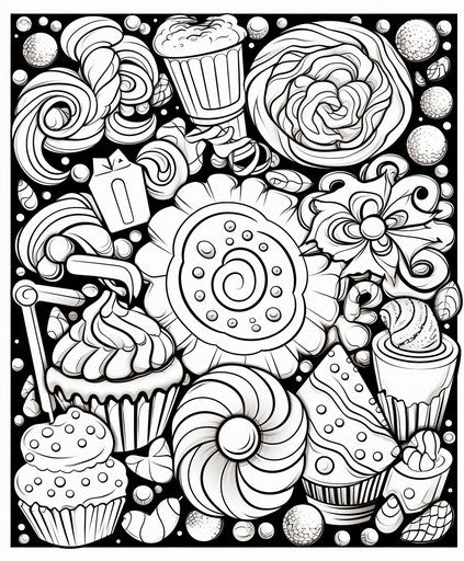 Coloring page with holiday cookies and treats, Kenny Scharf style, graphical, contrasting
