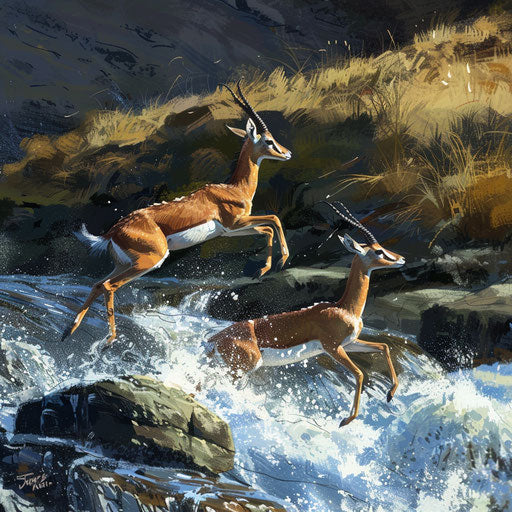 Gazelles leaping from stone to stone across a fast-flowing river in the highlands.