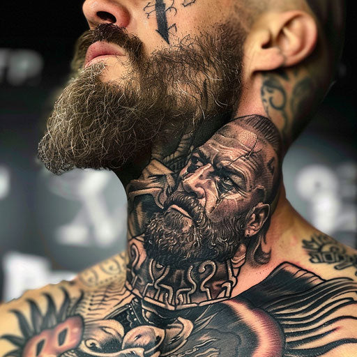 Men's neck tattoo with realistic warrior portraits