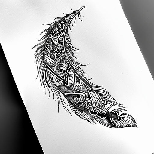 Tribal feather tattoo design, intricate patterns in bold black lines