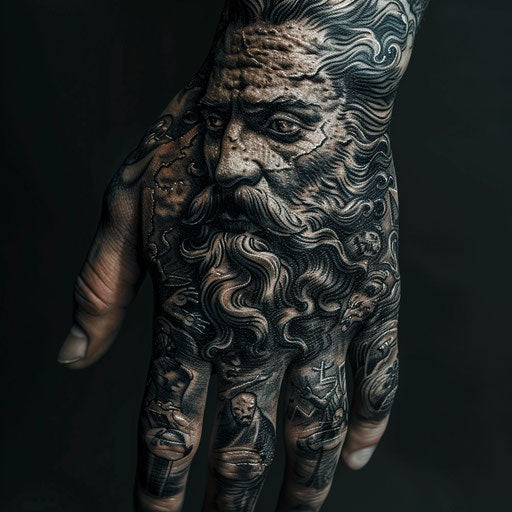 Mythological gods hand tattoo for men, J.P. Targete style