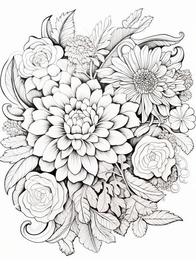 Hand drawn flowers with flower petals coloring page