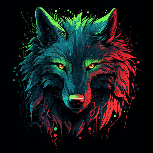 Wolf t-shirt design in neo-pop style, luminous palette