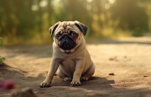 An adult pug sitting in front of a gravel path