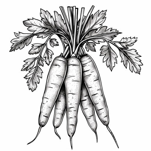 Detailed illustration of a pile of fresh carrots with leafy tops. Coloring book page