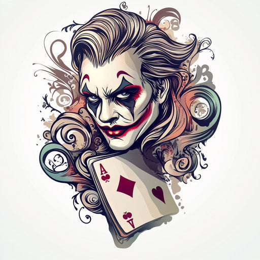 Sketch of joker card tattoo with swirling patterns