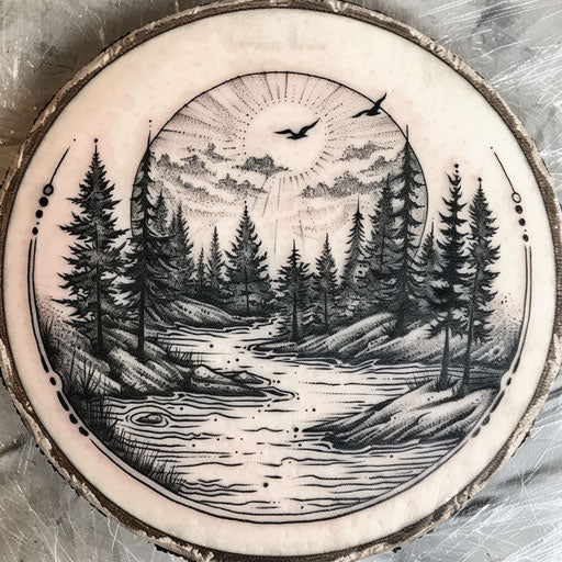 Intricate inked sketch of a forest clearing leading to sky