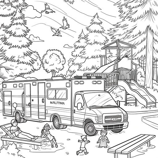 Ambulance in park with children playing