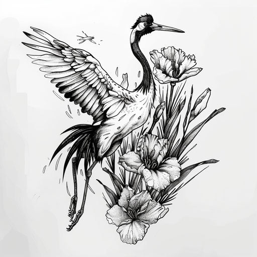 Stylized Japanese crane and iris tattoo in black ink style