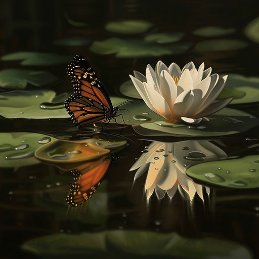 Reflection of a monarch butterfly on a water lily leaf in a peaceful pond