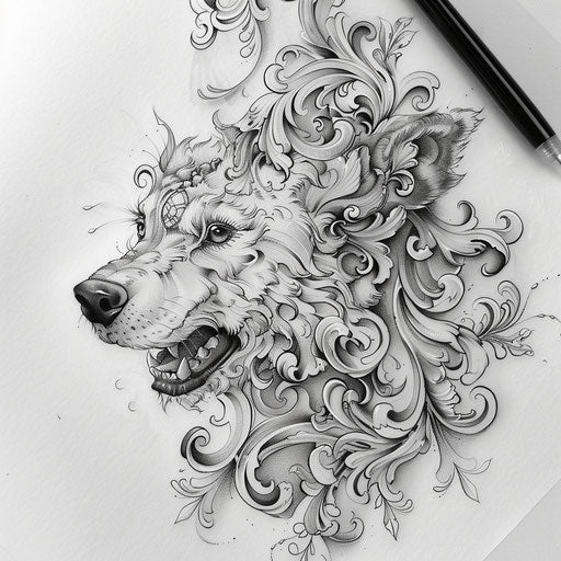 Baroque tattoo sketch of a wolf with ornate details and classic flourishes