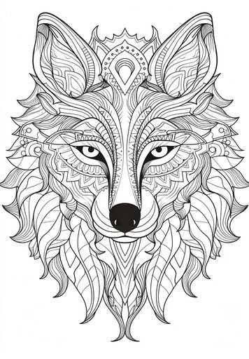 Coloring art of wolf head in delicate style for kids and adults