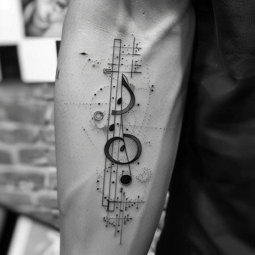 Flat tattoo sketch of musical notes and symbols created with dots