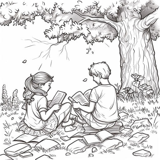 Friends sitting under a tree, reading books together